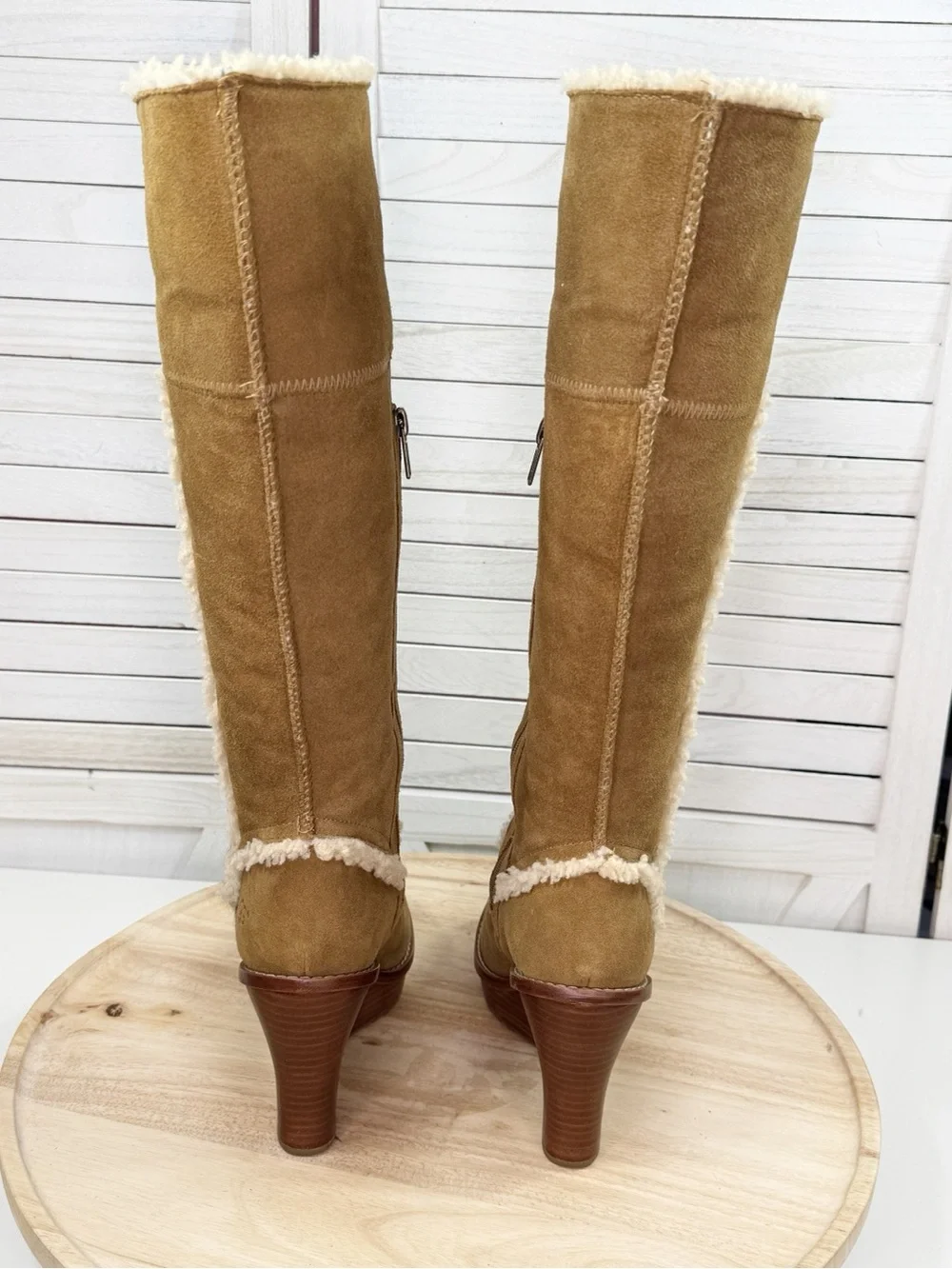 Ugg Aubrie Suede Shearling Wedge Heel Knee High Boots Tan 7.5 Boho Retro - Picture 5 of 12